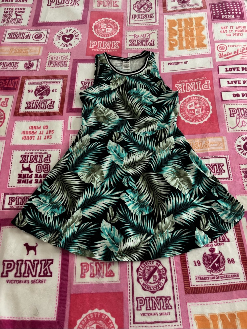 PINK Victoria's Secret Black Tank Dress with Teal & Mint Palm Print